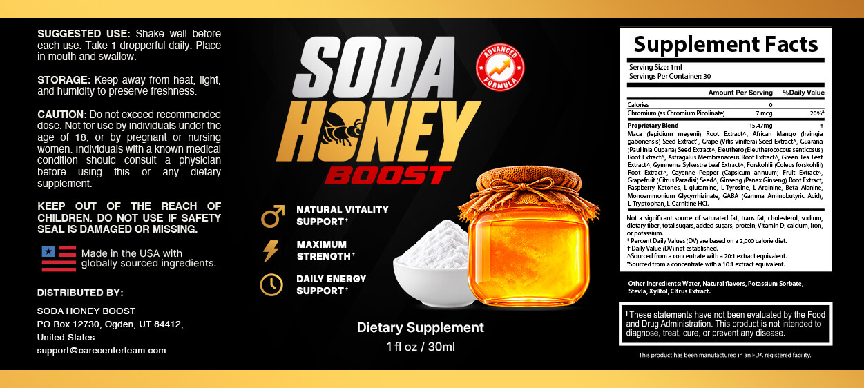 SodaHoney Boost Drops label with suggested use, storage, caution, Supplement Facts panel and other ingredients